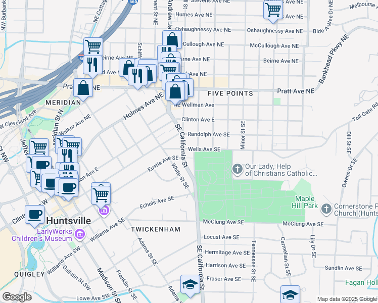 map of restaurants, bars, coffee shops, grocery stores, and more near 717 Eustis Avenue Southeast in Huntsville