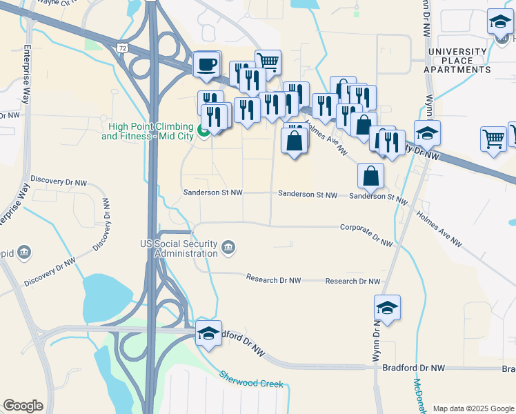 map of restaurants, bars, coffee shops, grocery stores, and more near 4993 Research Drive Northwest in Huntsville