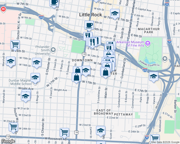 map of restaurants, bars, coffee shops, grocery stores, and more near 1522 South Spring Street in Little Rock