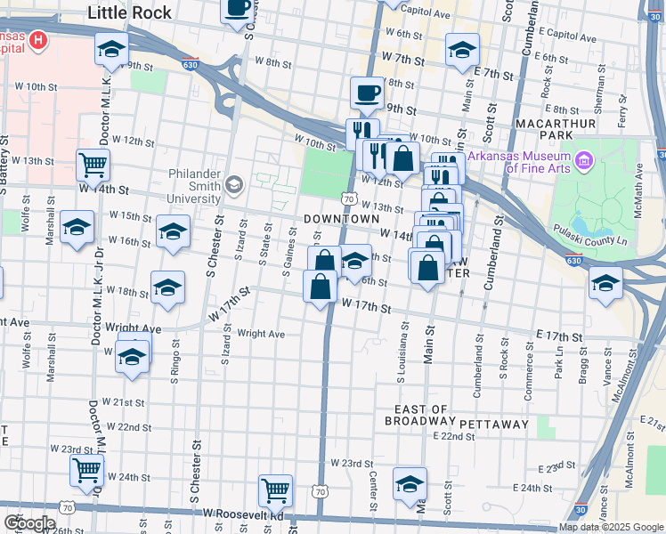 map of restaurants, bars, coffee shops, grocery stores, and more near 515 West 16th Street in Little Rock