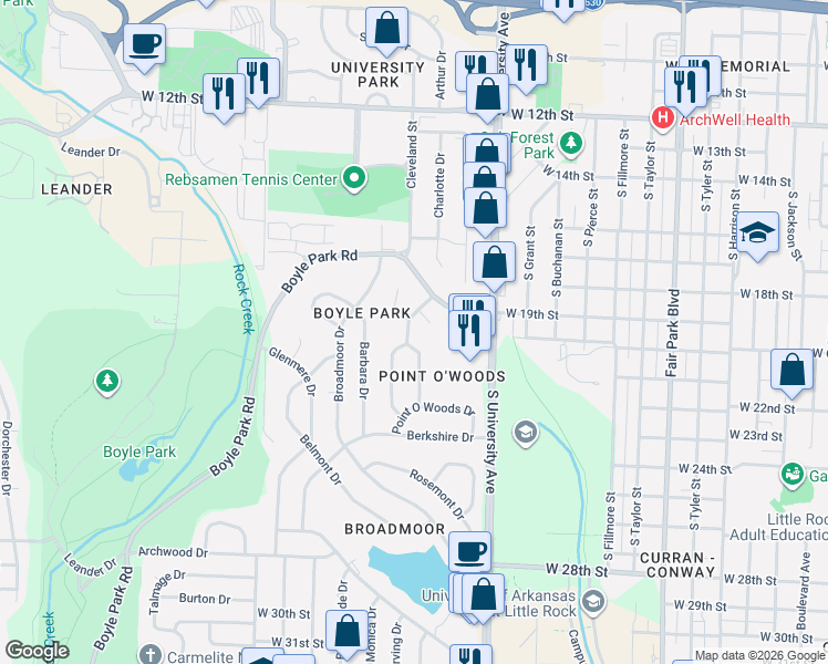 map of restaurants, bars, coffee shops, grocery stores, and more near 3 Fair Oaks Drive in Little Rock