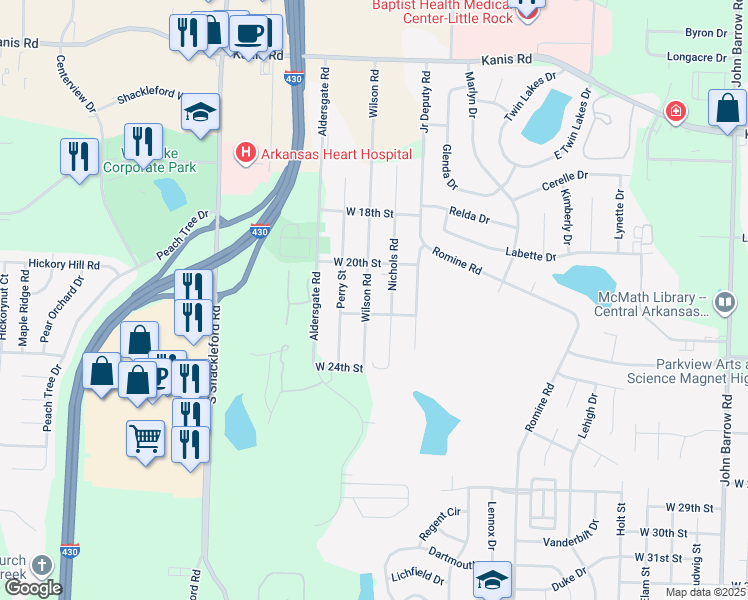 map of restaurants, bars, coffee shops, grocery stores, and more near 2025 Wilson Road in Little Rock