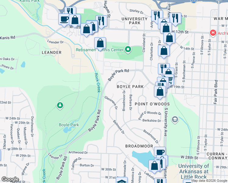 map of restaurants, bars, coffee shops, grocery stores, and more near 3 Roane Circle in Little Rock
