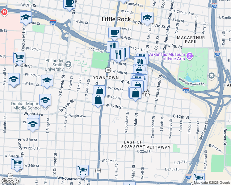 map of restaurants, bars, coffee shops, grocery stores, and more near 1522 South Spring Street in Little Rock