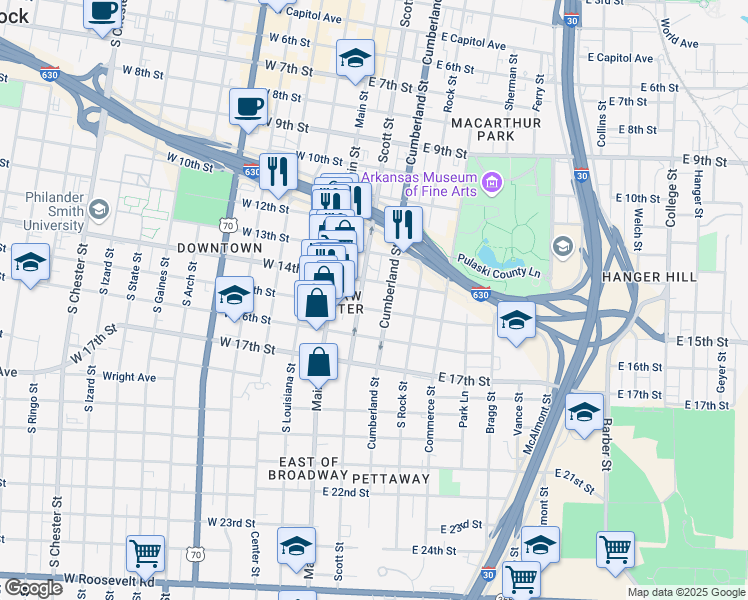 map of restaurants, bars, coffee shops, grocery stores, and more near 1401 Scott Street in Little Rock