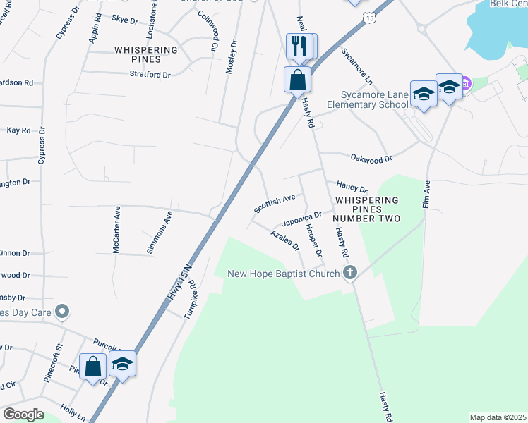map of restaurants, bars, coffee shops, grocery stores, and more near 12860 Scottish Avenue in Laurinburg