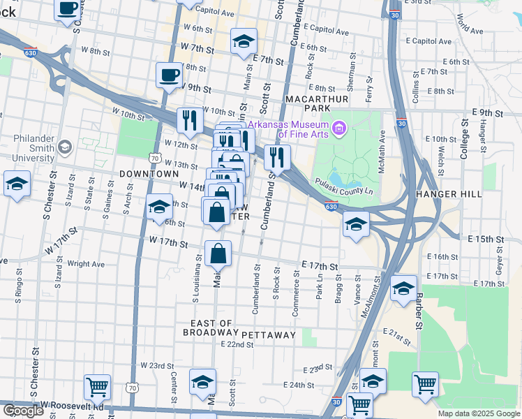 map of restaurants, bars, coffee shops, grocery stores, and more near 1401 Scott Street in Little Rock
