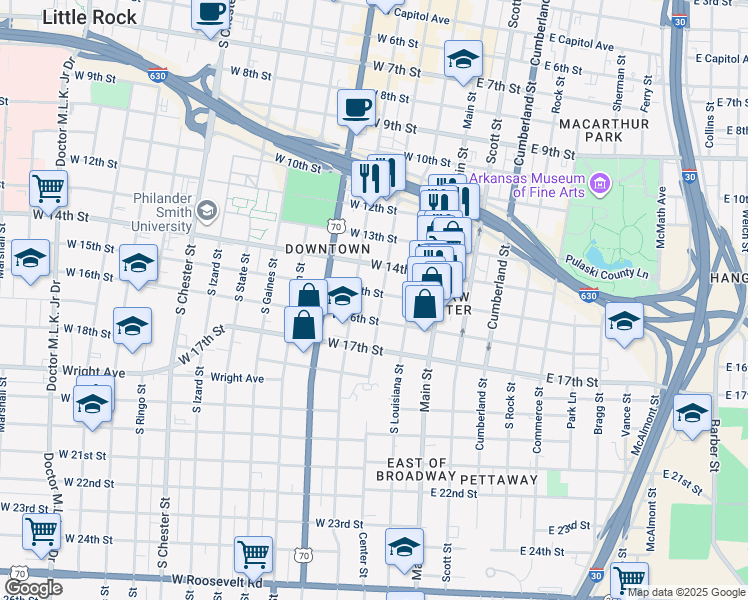 map of restaurants, bars, coffee shops, grocery stores, and more near 224 West 16th Street in Little Rock