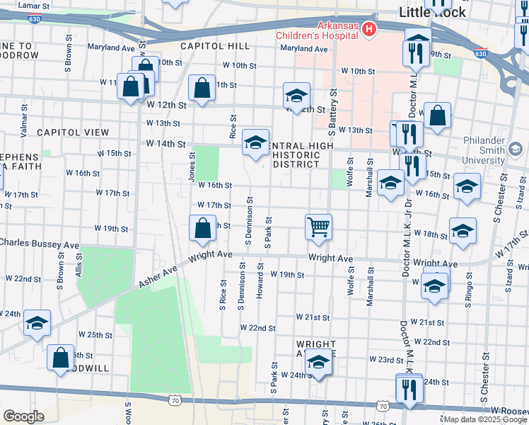 map of restaurants, bars, coffee shops, grocery stores, and more near 1711 South Park Street in Little Rock