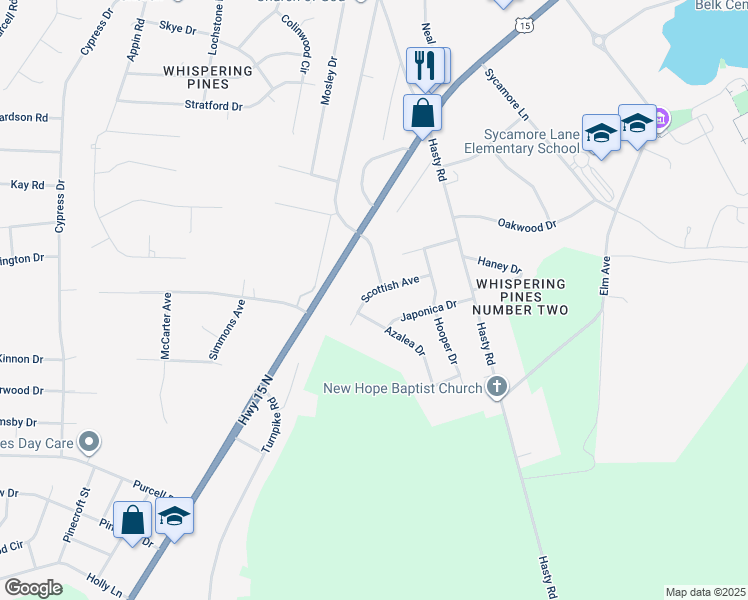 map of restaurants, bars, coffee shops, grocery stores, and more near 12860 Scottish Avenue in Laurinburg