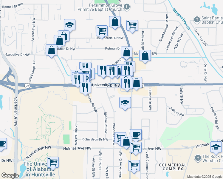 map of restaurants, bars, coffee shops, grocery stores, and more near 4107 Northington Drive Northwest in Huntsville