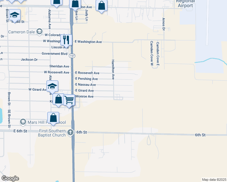 map of restaurants, bars, coffee shops, grocery stores, and more near 406 East Girard Avenue in Muscle Shoals