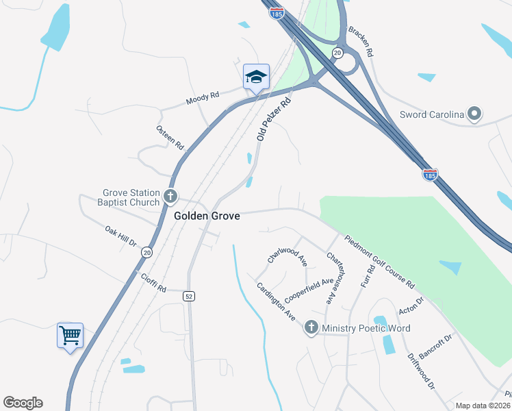 map of restaurants, bars, coffee shops, grocery stores, and more near 114 Piedmont Golf Course Road in Piedmont