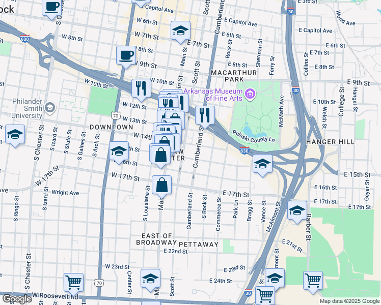 map of restaurants, bars, coffee shops, grocery stores, and more near 1401 Scott Street in Little Rock