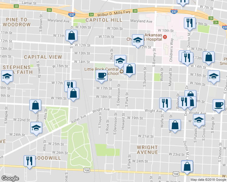 map of restaurants, bars, coffee shops, grocery stores, and more near 2317 West 17th Street in Little Rock