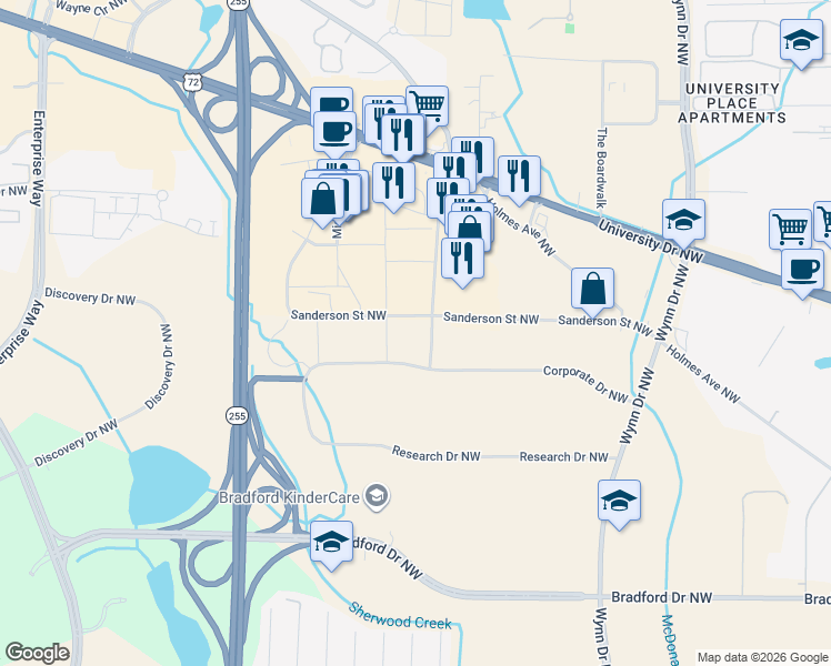 map of restaurants, bars, coffee shops, grocery stores, and more near 5801 Sanderson Street Northwest in Huntsville