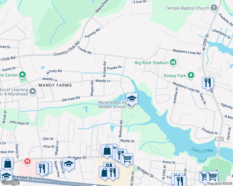 map of restaurants, bars, coffee shops, grocery stores, and more near 3007 Old Gate Road in Morehead City
