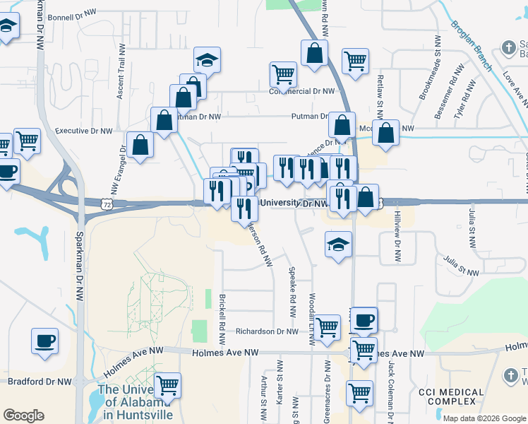 map of restaurants, bars, coffee shops, grocery stores, and more near 1010 Henderson Road Northwest in Huntsville