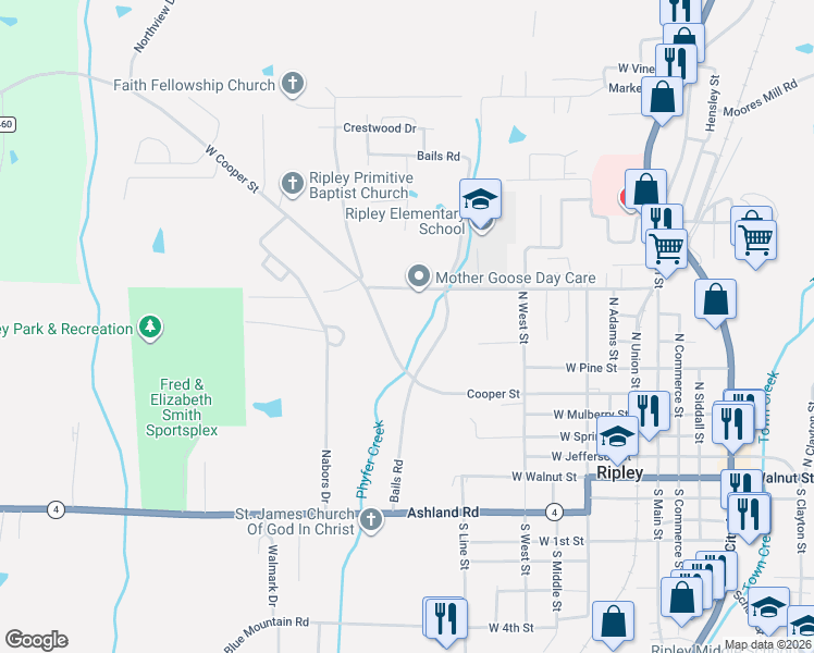 map of restaurants, bars, coffee shops, grocery stores, and more near 722 West Cooper Street in Ripley