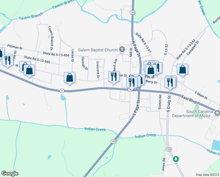 map of restaurants, bars, coffee shops, grocery stores, and more near South Carolina 9 Bypass in Chesterfield