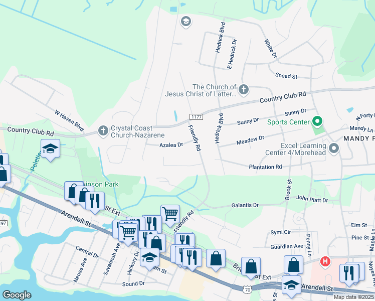 map of restaurants, bars, coffee shops, grocery stores, and more near 4104 Plantation Road in Morehead City