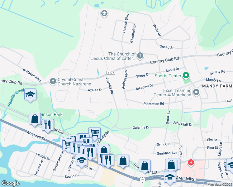 map of restaurants, bars, coffee shops, grocery stores, and more near 600 Friendly Road in Morehead City