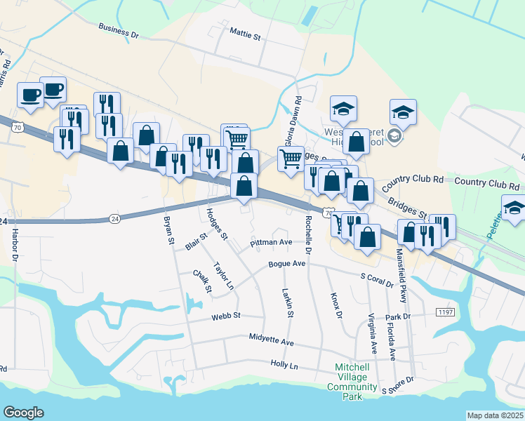 map of restaurants, bars, coffee shops, grocery stores, and more near 128-130 Willow Pond Drive in Morehead City