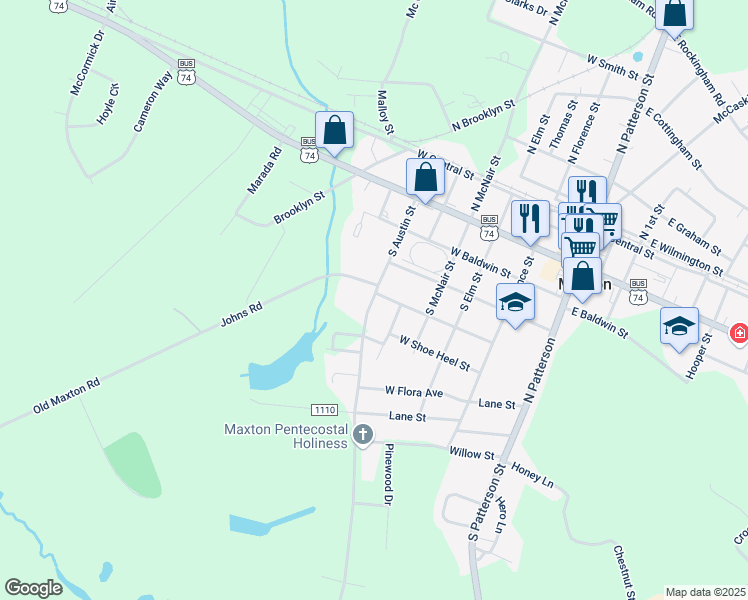 map of restaurants, bars, coffee shops, grocery stores, and more near 504 West Scotland Street in Maxton