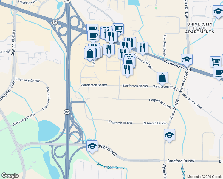 map of restaurants, bars, coffee shops, grocery stores, and more near 4993 Research Drive Northwest in Huntsville