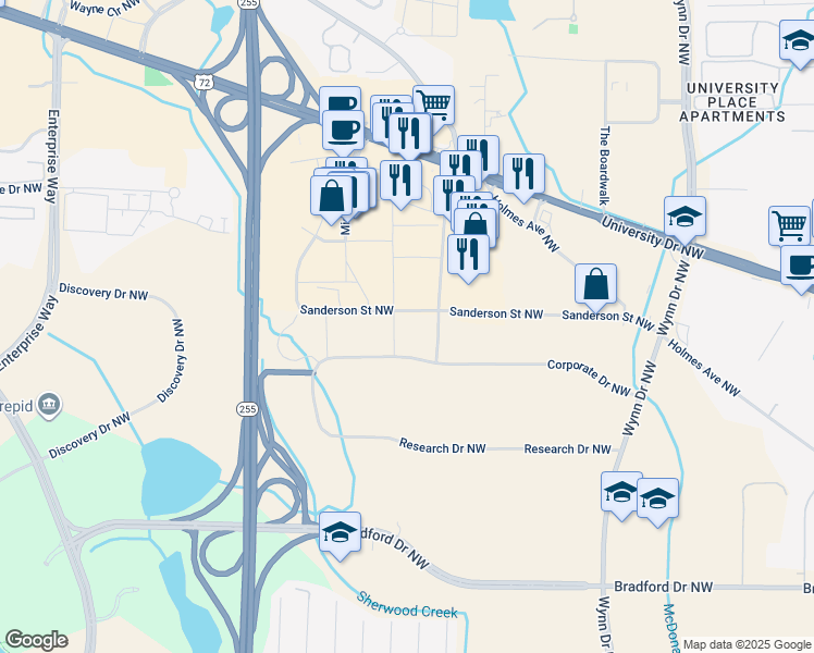 map of restaurants, bars, coffee shops, grocery stores, and more near 4993 Research Drive Northwest in Huntsville