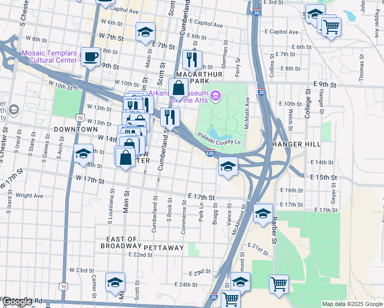 map of restaurants, bars, coffee shops, grocery stores, and more near 1419 Commerce Street in Little Rock