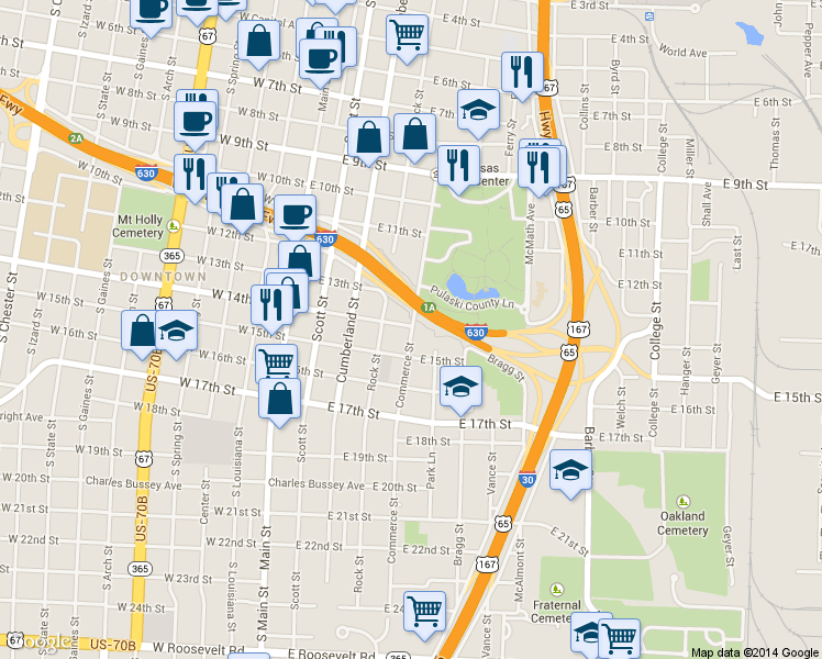 map of restaurants, bars, coffee shops, grocery stores, and more near 1419 Commerce Street in Little Rock