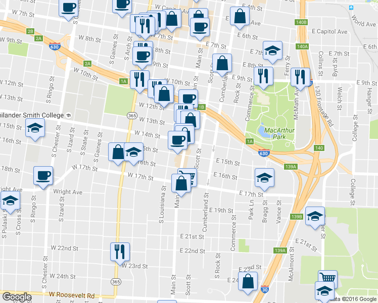 map of restaurants, bars, coffee shops, grocery stores, and more near 1508 Scott Street in Little Rock