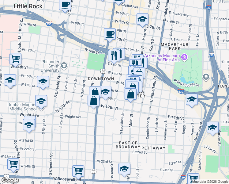 map of restaurants, bars, coffee shops, grocery stores, and more near 224 West 16th Street in Little Rock