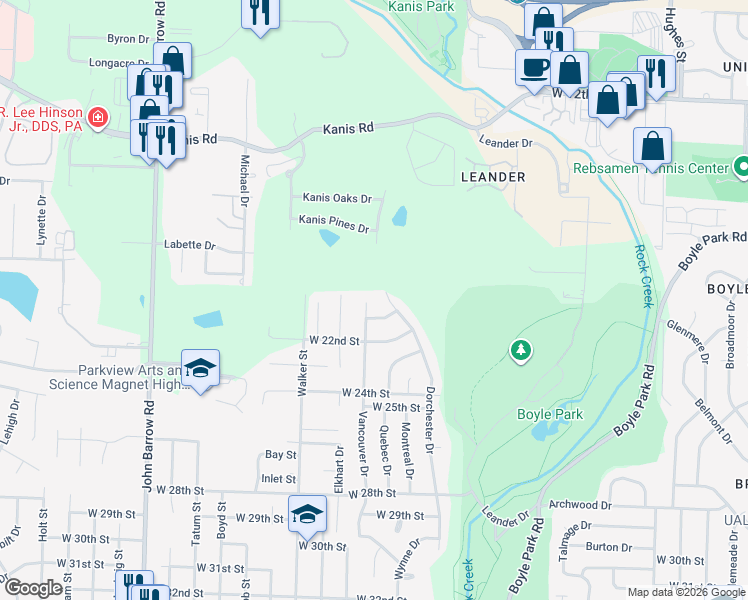 map of restaurants, bars, coffee shops, grocery stores, and more near 7900 Deerwood Drive in Little Rock