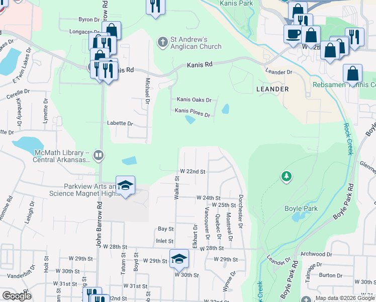 map of restaurants, bars, coffee shops, grocery stores, and more near 2104 Scotty Court in Little Rock