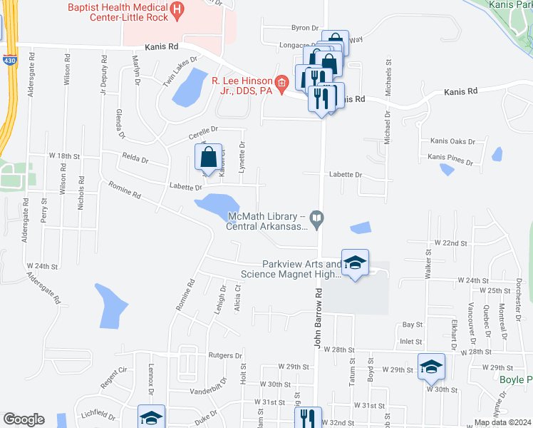 map of restaurants, bars, coffee shops, grocery stores, and more near 2123 Labette Manor Drive in Little Rock