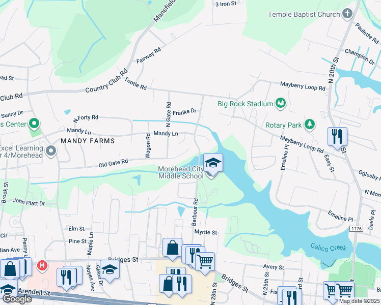 map of restaurants, bars, coffee shops, grocery stores, and more near 3005 Old Gate Road in Morehead City