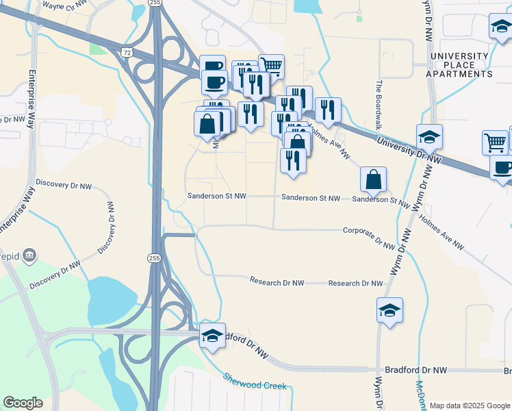 map of restaurants, bars, coffee shops, grocery stores, and more near 4993 Research Drive Northwest in Huntsville