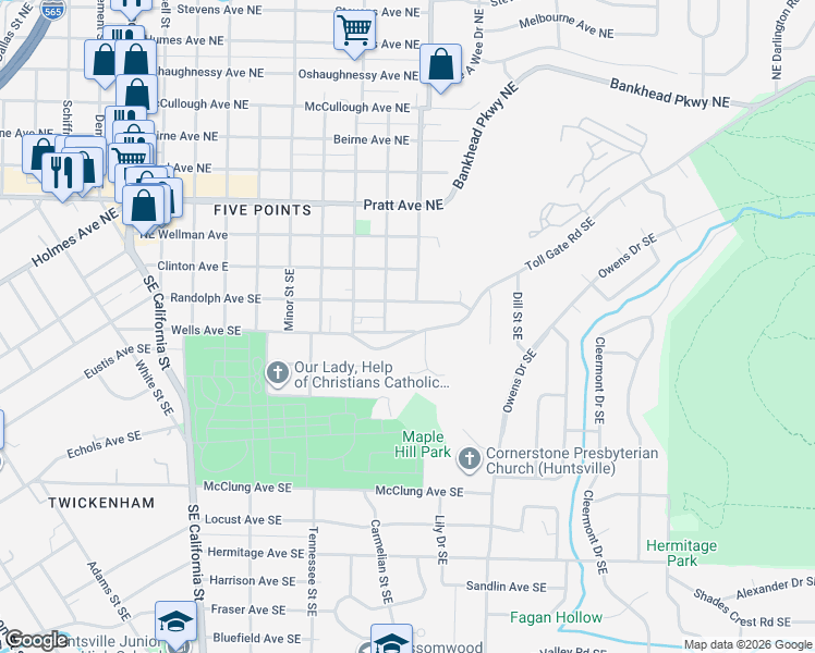 map of restaurants, bars, coffee shops, grocery stores, and more near 1602 Toll Gate Road Southeast in Huntsville