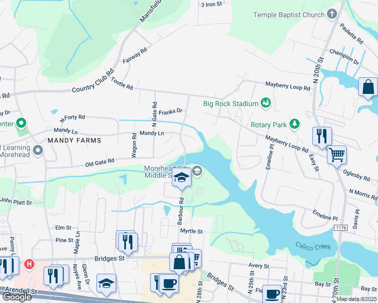 map of restaurants, bars, coffee shops, grocery stores, and more near 600 Barbour Road in Morehead City