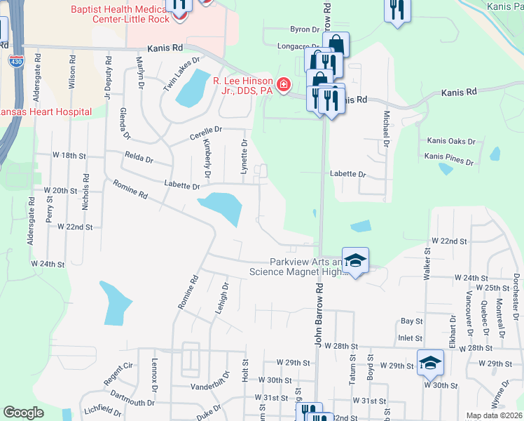 map of restaurants, bars, coffee shops, grocery stores, and more near 2123 Labette Manor Drive in Little Rock