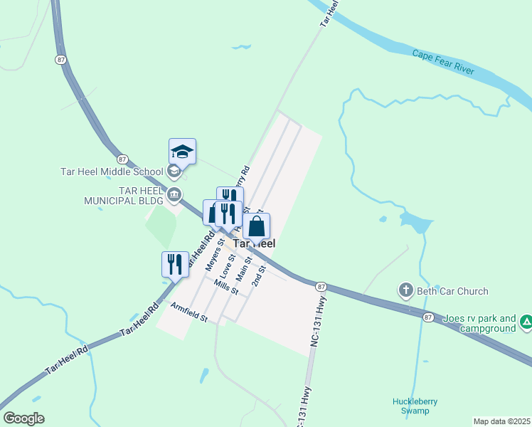 map of restaurants, bars, coffee shops, grocery stores, and more near 130 Pine Street in Tar Heel