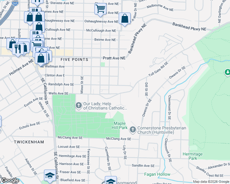 map of restaurants, bars, coffee shops, grocery stores, and more near 1602 Toll Gate Road Southeast in Huntsville