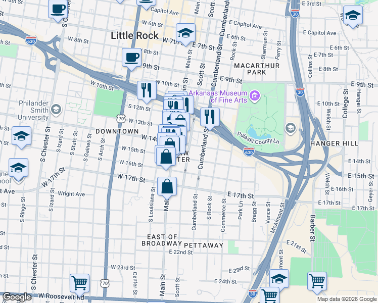 map of restaurants, bars, coffee shops, grocery stores, and more near 1401 Scott Street in Little Rock