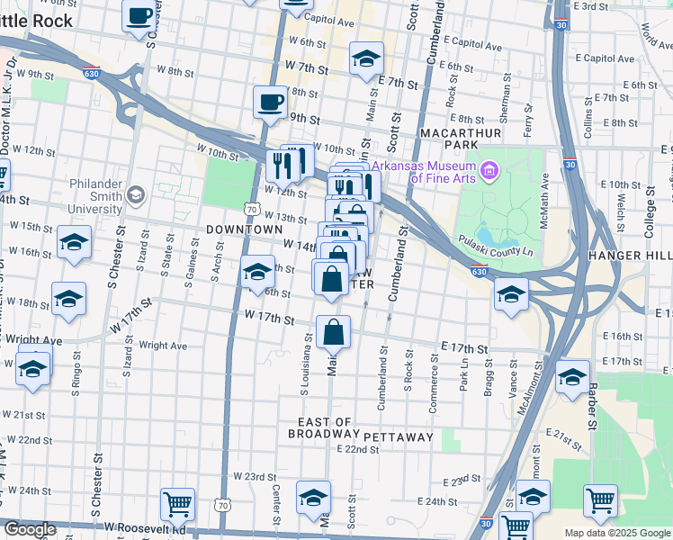 map of restaurants, bars, coffee shops, grocery stores, and more near 1515 South Louisiana Street in Little Rock