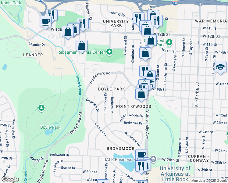 map of restaurants, bars, coffee shops, grocery stores, and more near 6 Holly Hill Road in Little Rock