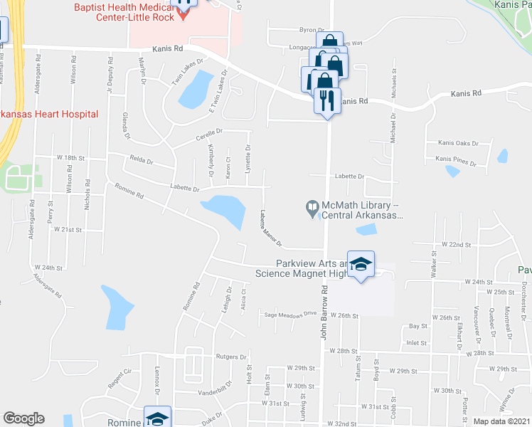 map of restaurants, bars, coffee shops, grocery stores, and more near 2123 Labette Manor Drive in Little Rock