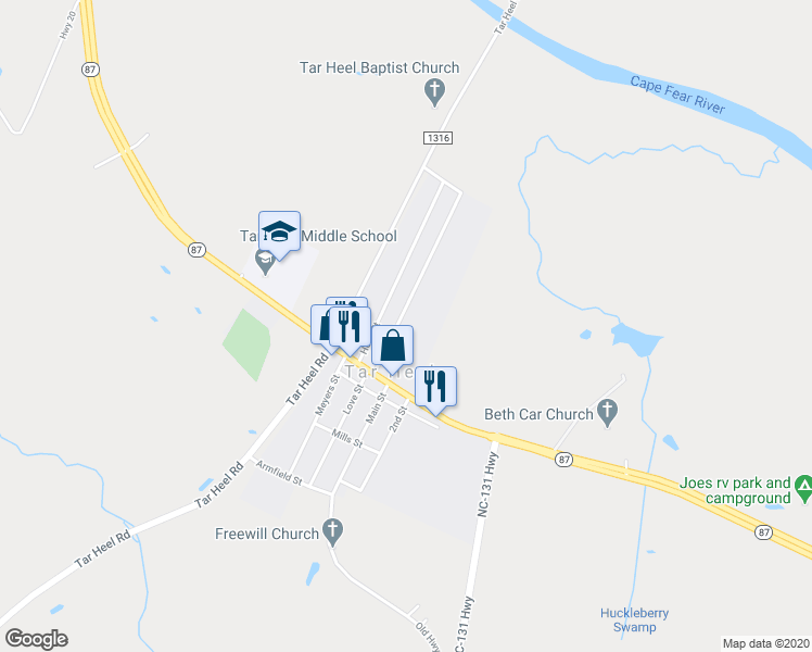 map of restaurants, bars, coffee shops, grocery stores, and more near 130 Pine Street in White Oak