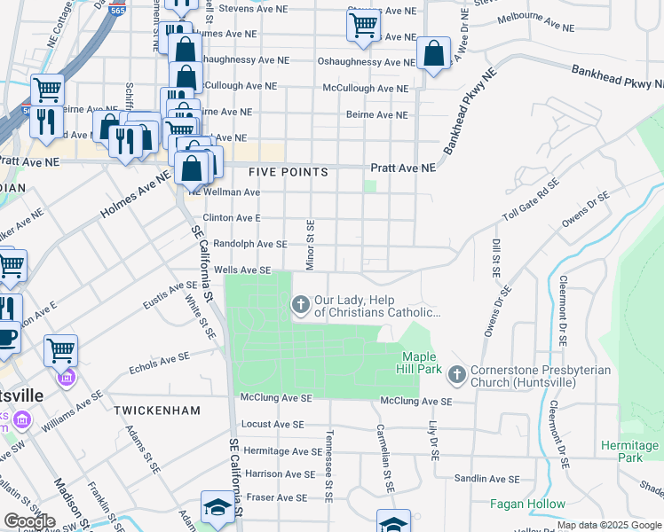map of restaurants, bars, coffee shops, grocery stores, and more near 309 Cambridge Street Southeast in Huntsville